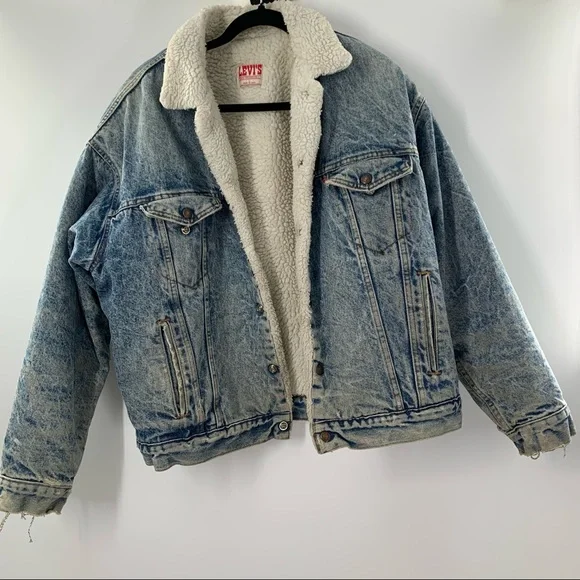 Levi’s Vintage 80’s Denim Distressed Jacket Sherpa Piled Size L - Picture 3 of 12